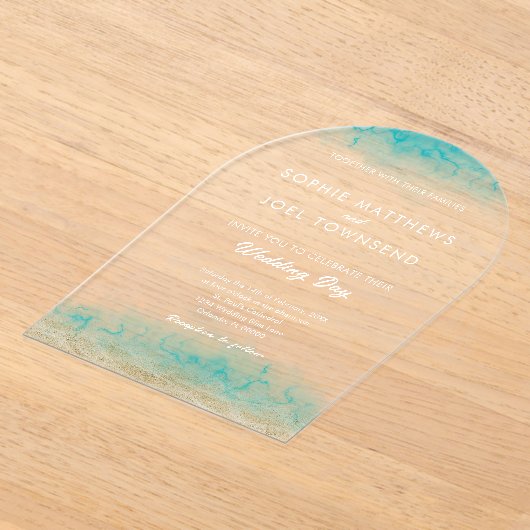 Modern Zand & Zee Blauwgroen White Beach Thema bru Acryl Uitnodigingen (Laagn)