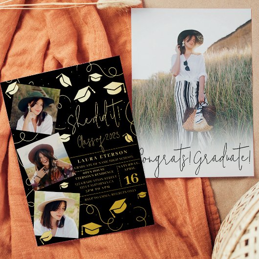 Modern Ze deed het afstuderen van zwarte foto's Folie Uitnodiging