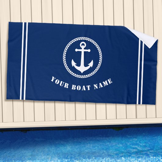 Modern Zee Anchor met Boat Name Navy Blue Strandlaken