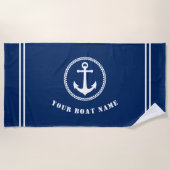 Modern Zee Anchor met Boat Name Navy Blue Strandlaken (Voorkant)
