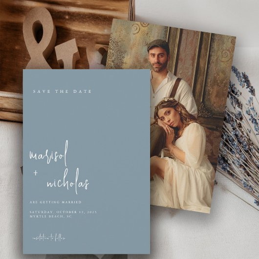 Modern Zee Blue Minimalist Photo Wedding Save The Date