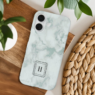 Modern Zee Green Marble Geometric Monogram iPhone 16 Hoesje
