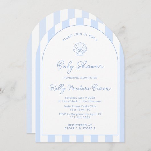 Modern Zee Shell Blauw & Wit Kust Baby shower Kaart (Voorkant / Achterkant)