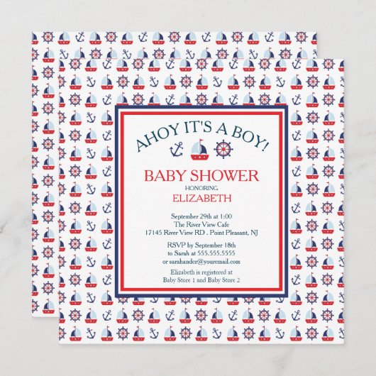 Modern Zeilen Nautical Boy Baby shower Uitnodiging (Voorkant / Achterkant)