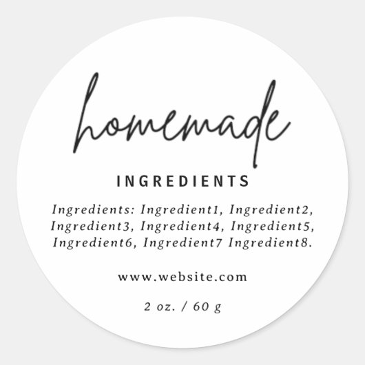 Modern zelfgemaakt wit ingrediëntenlabel ronde sticker (Voorkant)