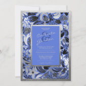 Modern Zilver Blauw Zwart Bloemen Botanische Huwel Kaart (Voorkant)