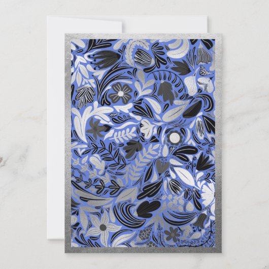 Modern Zilver Blauw Zwart Bloemen Botanische Huwel Kaart (Achterkant)