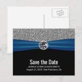 Modern zilver glitter Blue Ribbon Save the Date Aankondigingskaart (Voorkant / Achterkant)
