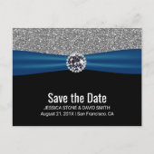 Modern zilver glitter Blue Ribbon Save the Date Aankondigingskaart (Voorkant)