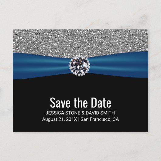 Modern zilver glitter Blue Ribbon Save the Date Aankondigingskaart (Voorkant)
