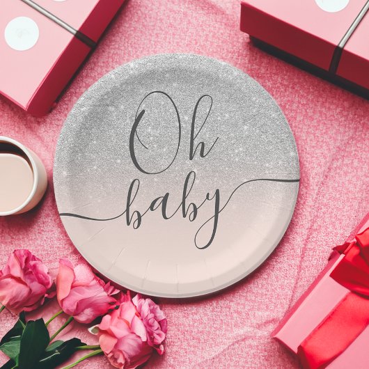 Modern zilver glitter blush roze Oh Baby shower Papieren Bordje