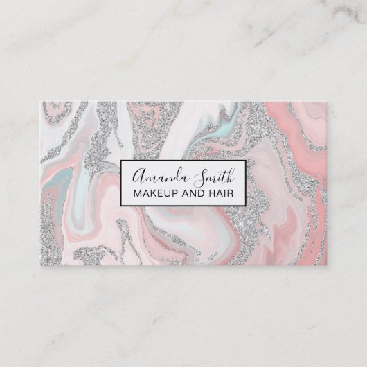Modern zilver glitter koraal grijs pastel marmer visitekaartje (Voorkant)