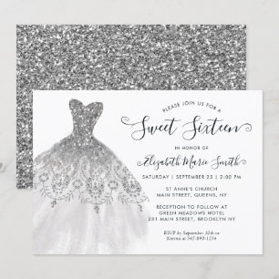 Modern Zilver Grijs Glitter Jurk Sweet 16 Verjaard Kaart