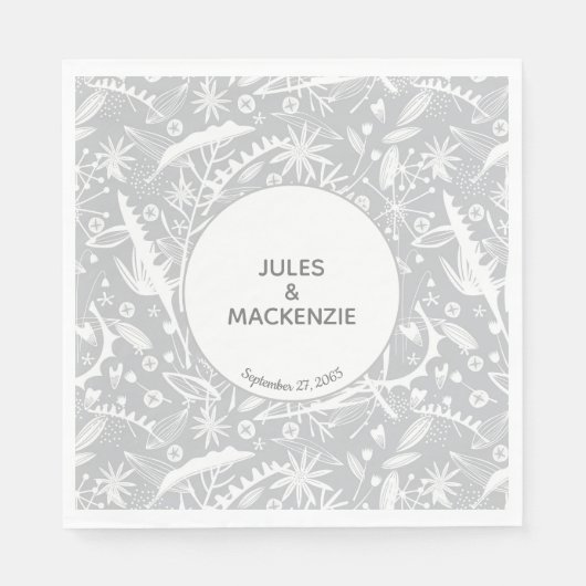 Modern Zilver Grijs Grafisch Bloemmotief Botanisch Servet (Voorkant)