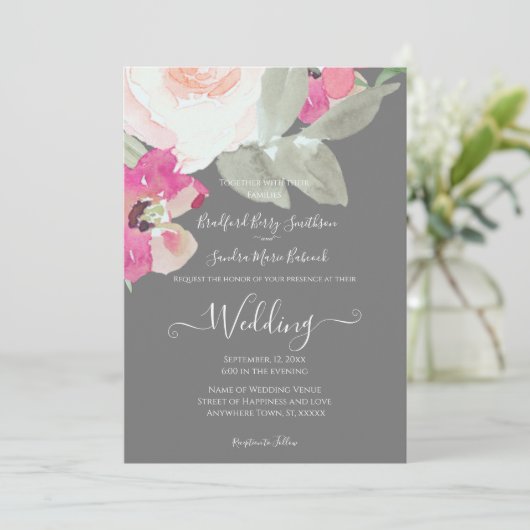 Modern Zilver Grijs Roze Bloemen Bruiloft uitnodig Kaart (Staand voorkant)
