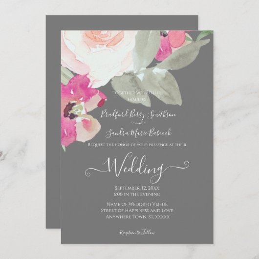 Modern Zilver Grijs Roze Bloemen Bruiloft uitnodig Kaart (Voorkant / Achterkant)