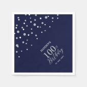 Modern zilver & marineblauw 100ste verjaardagsfees servet (Voorkant)