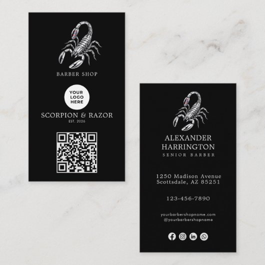 Modern Zilver Schorpioen Kapperszaak Logo Qr Code Visitekaartje (Voorkant / Achterkant)