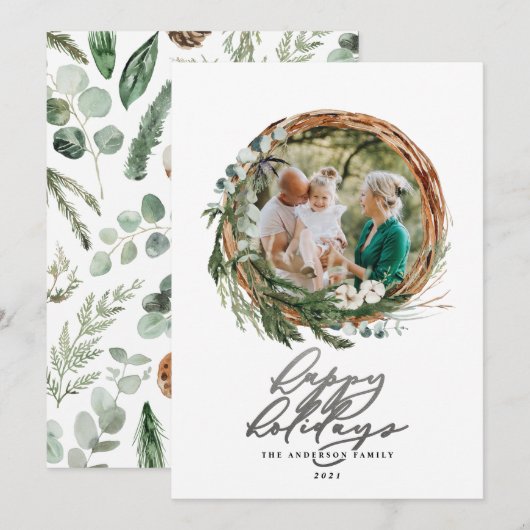 Modern zilver script botanisch 1 foto Kerstmis Feestdagenkaart (Voorkant / Achterkant)