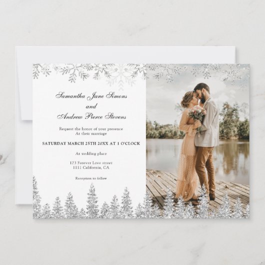 Modern zilver winter sneeuw script 1 foto bruiloft kaart (Voorkant)
