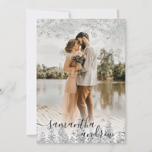 Modern zilver wintersneeuwscript 5 foto's bruiloft kaart (Voorkant)
