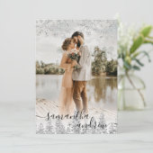 Modern zilver wintersneeuwscript 5 foto's bruiloft kaart (Staand voorkant)