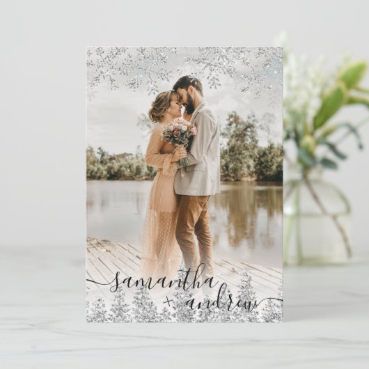 Modern zilver wintersneeuwscript 5 foto's bruiloft kaart (Staand voorkant)