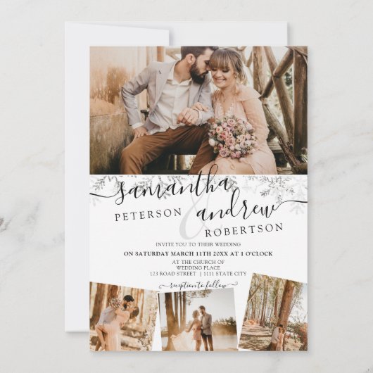 Modern zilver wintersneeuwscript 5 foto's bruiloft kaart (Achterkant)