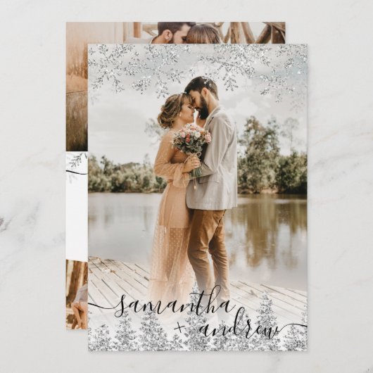 Modern zilver wintersneeuwscript 5 foto's bruiloft kaart (Voorkant / Achterkant)