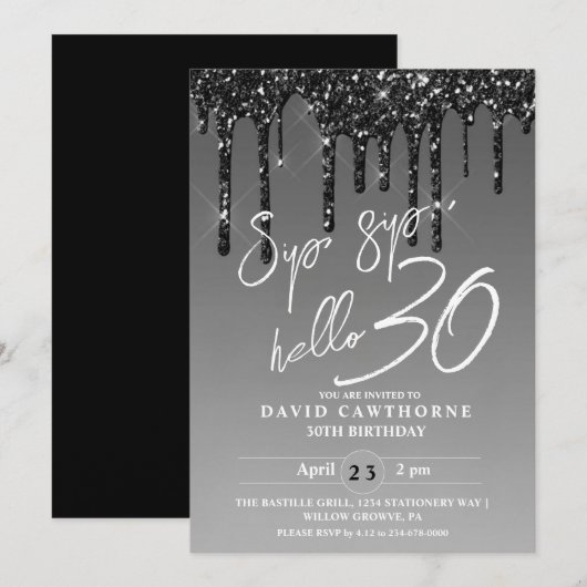 Modern Zilver Zwart Glitter 30ste Verjaardag Party Kaart (Voorkant / Achterkant)