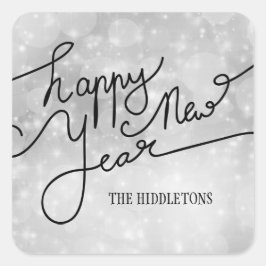 Modern zilveren Bokeh patroon Gelukkig Nieuwjaar S Vierkante Sticker