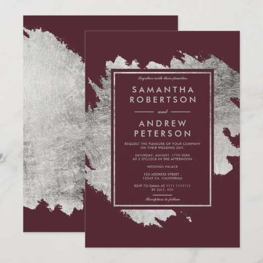 Modern zilveren borsteldruppels rode bruine bruilo kaart (Voorkant / Achterkant)