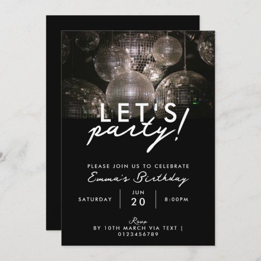 Modern zilveren disco bal verjaardagsfeestje kaart (Voorkant / Achterkant)