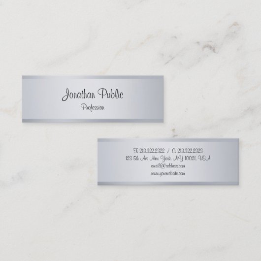 Modern zilveren kalligrafie script Elegante Sjablo Mini Visitekaartje (Voorkant / Achterkant)