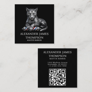 Modern Zilveren Panther Kapperszaak Logo Qr Code Vierkante Visitekaartje