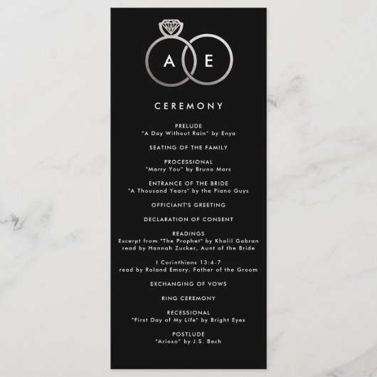 Modern zilveren ringen aangepaste bruiloft program programmakaart (Voorkant)