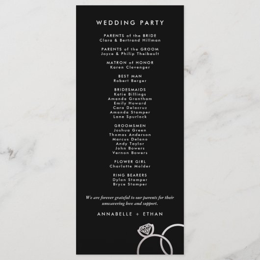 Modern zilveren ringen aangepaste bruiloft program programmakaart (Achterkant)