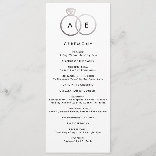 Modern zilveren ringen aangepaste bruiloft program programmakaart (Voorkant)