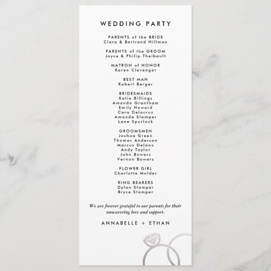 Modern zilveren ringen aangepaste bruiloft program programmakaart (Achterkant)