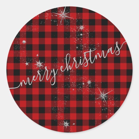 Modern Zilveren Script Buffalo Plaid Vrolijk Kerst Ronde Sticker (Voorkant)