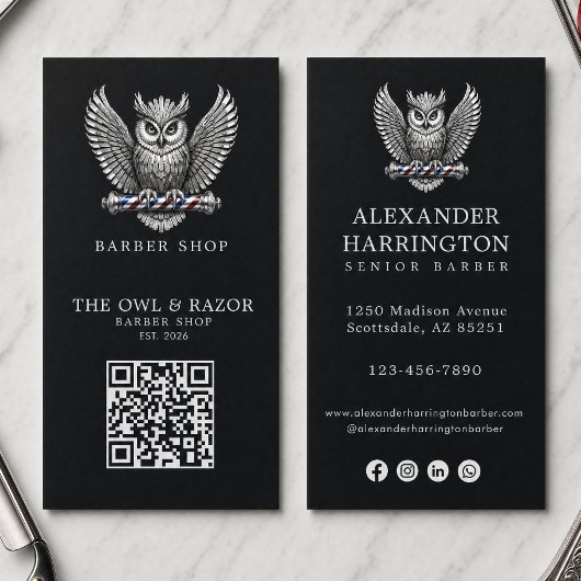 Modern Zilveren Uil Kapperszaak Logo Qr Code Visitekaartje