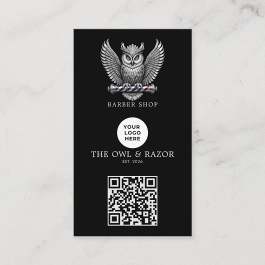 Modern Zilveren Uil Kapperszaak Logo Qr Code Visitekaartje (Voorkant)