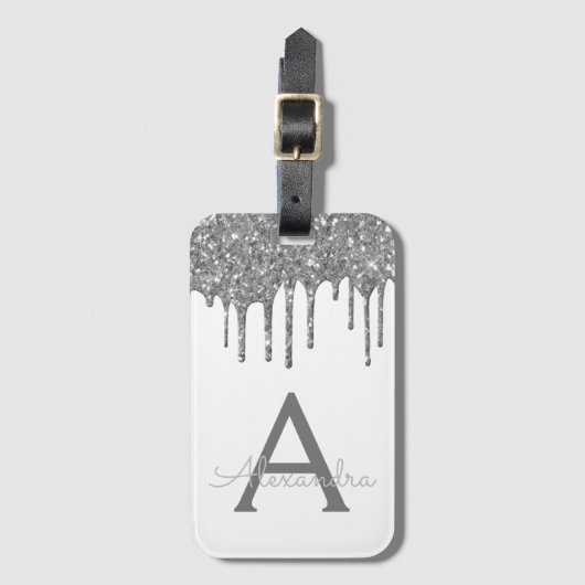 Modern zilveren witte glitter Sparkle Monogram Bagagelabel (Voorkant (verticaal))