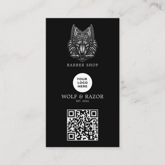 Modern Zilveren Wolf Kapperszaak Logo Qr Code Visitekaartje (Voorkant)