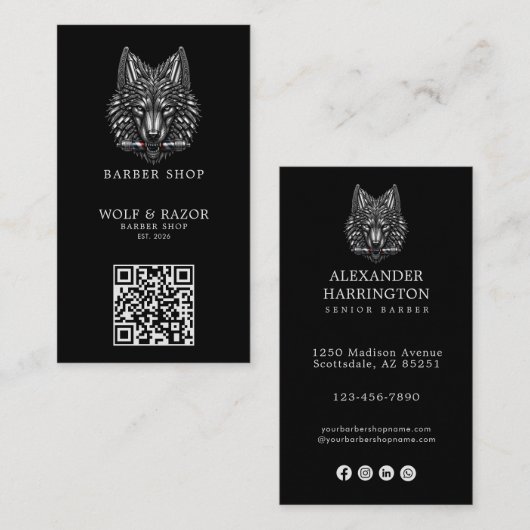 Modern Zilveren Wolf Kapperszaak Logo Qr Code Visitekaartje (Voorkant / Achterkant)