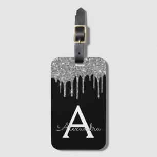 Modern zilveren zwart Glitter Sparkle Monogram Bagagelabel