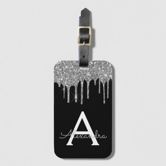 Modern zilveren zwart Glitter Sparkle Monogram Bagagelabel (Voorkant (verticaal))