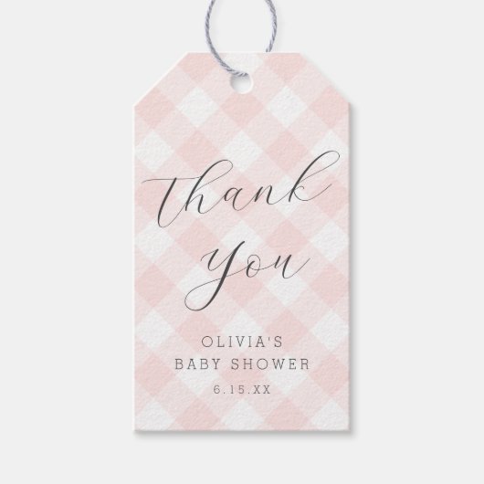 Modern + Zoet Licht Roze Gingham Baby shower Cadeaulabel (Voorkant)
