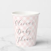 Modern + Zoet Licht Roze Gingham Baby shower Papieren Bekers (Achterkant)