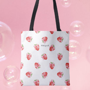 Modern zoete aardbeidesign monogram tote bag